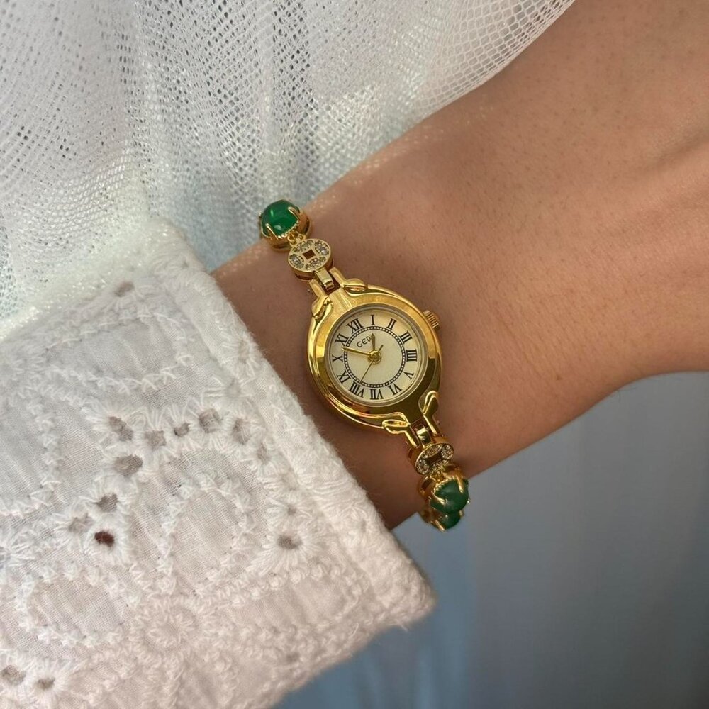 Sku:0361 Gold watch stainless steel green zircon stone Stainless steel+ gift bag